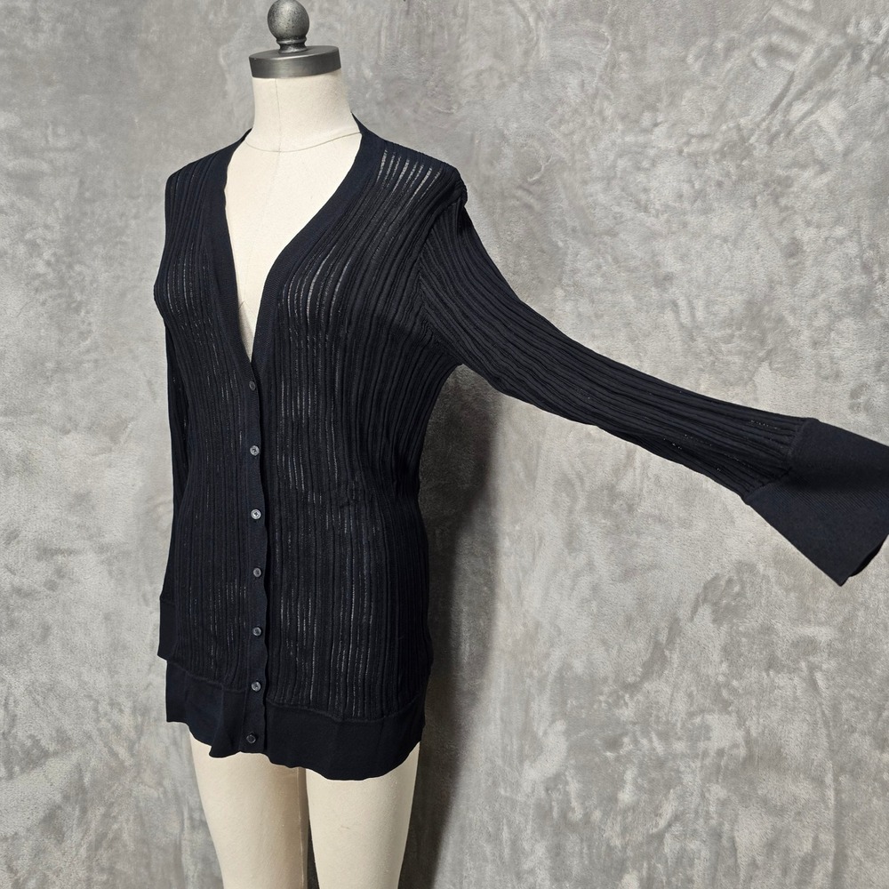 DKNY Cardigan Women L Blk Ribbed Sheer Longline Button Front Sweater Chic Layer‎